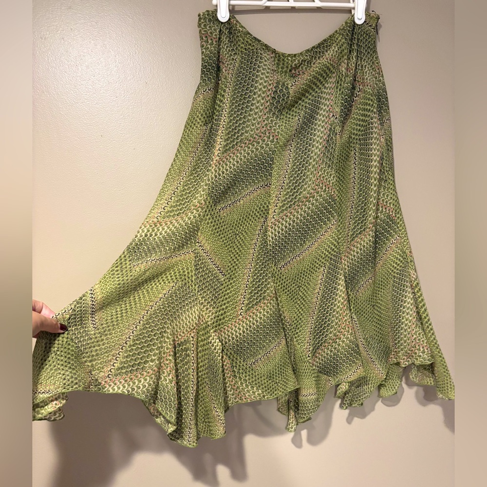 Anne Klein Green Patterned Midi Skirt/ Silk